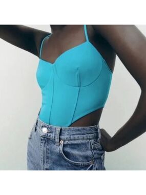 Zara nwt turquoise corset high cut bodysuit size large